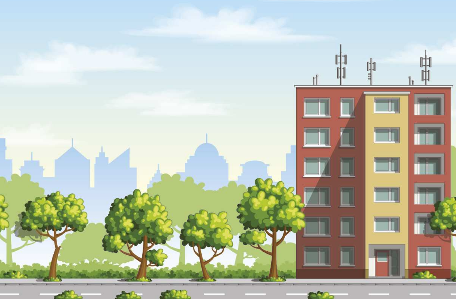 Ilustração de um prédio residencial de cinco andares, visto de frente. O edifício está localizado à direita da imagem, tem fachada em duas cores, com janelas alinhadas e antenas no topo. À frente do prédio há uma calçada e, ao longo da imagem, uma rua com árvores distribuídas. Ao fundo, é possível ver a silhueta de vários prédios, formando o horizonte de uma cidade.