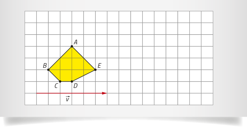 Imagem de um pentágono irregular em malha quadriculada. A malha possui 8 quadrados de altura por 16 quadrados de largura. Os vértices do pentágono estão identificados como A, B, C, D e E. A figura está posicionada no lado esquerdo da malha. Abaixo do pentágono, há um vetor v apontando da esquerda para a direita.
