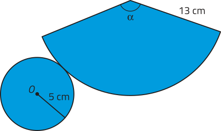 Imagem de um círculo com centro O e raio de 5 centímetros. Tangente a esse círculo, há um setor circular de raio 13 centímetros, com ângulo central identificado por alfa.