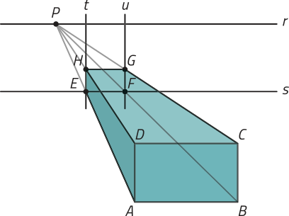 Imagem anterior. Agora, os pontos E, F, G, H estão conectados, formando um novo retângulo. Os dois retângulos (o frontal, de vértices A B C D, e o posterior, de vértices E F G H) juntamente com os segmentos que ligam seus vértices correspondentes, formam um paralelepípedo. Todas as faces do paralelepípedo estão coloridas.