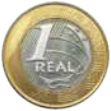 Imagem de uma moeda de 1 real, de formato circular. No centro, há o número 1 em destaque, acompanhado da palavra 'real' logo abaixo.