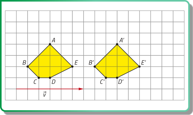 Mesma imagem descrita anteriormente. Agora, os 5 novos pontos estão interligados, formando um novo pentágono irregular. Esse novo pentágono é idêntico ao original e está deslocado 6 quadrados para a direita.