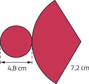 Imagem de um círculo de diâmetro 4,8 centímetros e, tangente a ele, um setor circular de raio 7,2 centímetros.