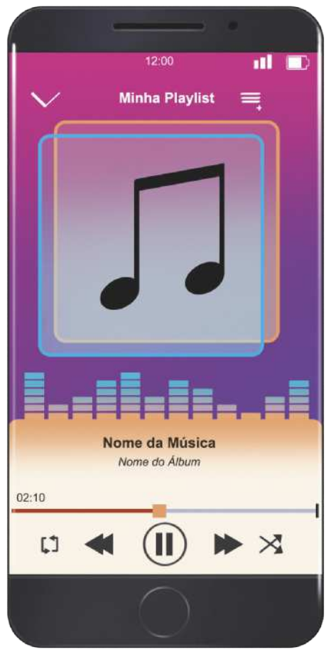 Imagem da tela de um celular exibindo um aplicativo de reprodução de música. Na parte superior, está escrito “Minha Playlist”. Abaixo, há um ícone grande com uma nota musical. Na parte inferior da tela, aparecem informações como o nome da música, o nome do álbum, o tempo decorrido da faixa e botões de controle de reprodução.