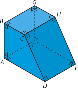 Imagem de um paralelepípedo com vértices identificados de A a H. A base inferior é o retângulo A E F D, e a base superior é o retângulo B G H C, paralelo à base inferior. As arestas verticais conectam os pares de vértices: A e B, E e G. Os pares D e C, F e H, são conectados por arestas diagonais. Assim, as faces laterais A B C D e E F G H têm formato trapezoidal e são paralelas entre si.