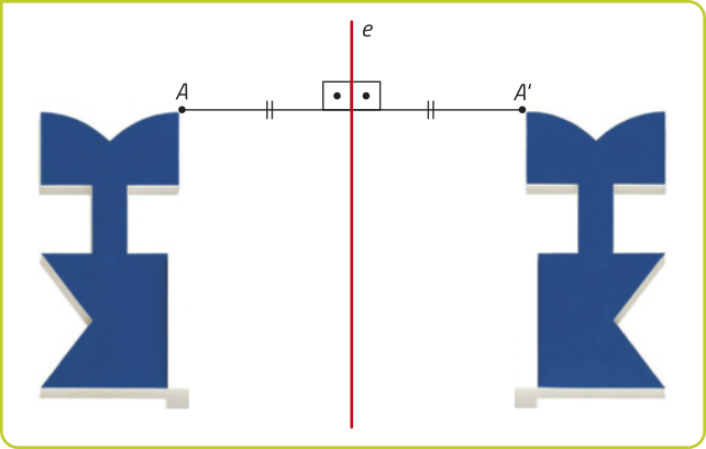Imagem composta pela junção das duas imagens anteriores. O ponto B foi substituído pelo ponto A linha. Sobre o vértice superior de cada figura geométrica, foi adicionado um ponto. Na figura da esquerda, foi adicionado o ponto A no vértice superior à direita. E na figura da direita, foi adicionado o ponto A linha no vértice superior à esquerda. As figuras permanecem dispostas simetricamente em relação ao eixo vertical e, estando igualmente distantes desse eixo.