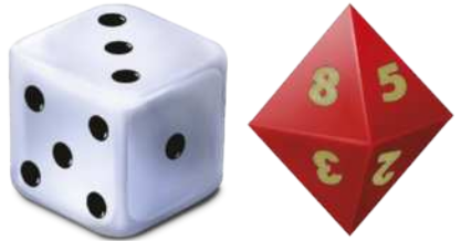 Imagem de dois dados. À esquerda, um dado com 6 faces quadradas, em formato de cubo, com as faces 1, 3 e 5 visíveis no centro das faces. À direita, um dado com 8 faces triangulares, em formato de octaedro, com os números 2, 3, 5 e 8 visíveis.