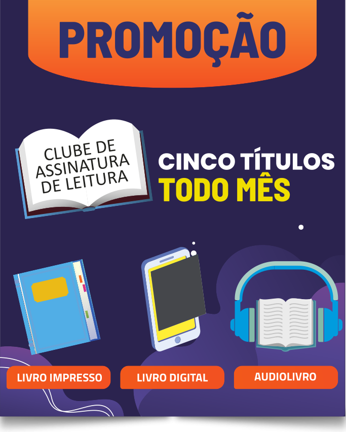 Imagem de um cartaz com a palavra 'Promoção' em destaque. Logo abaixo, há uma ilustração de um livro aberto com o texto “Clube de assinatura de leitura”, seguida da frase em letras grandes: 'Cinco títulos por mês'. Na parte inferior, aparecem três ícones acompanhados por rótulos: um livro fechado com o rótulo 'livro impresso'; um tablet com o rótulo 'livro digital'; e um livro com fones de ouvido e o rótulo 'audiolivro'.