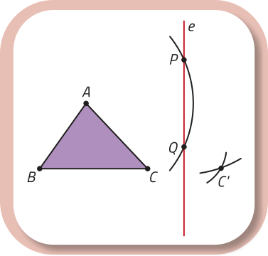 Mesma imagem descrita anteriormente. Agora, à direita da reta vertical, foi adicionado o ponto C linha, posicionado pouco abaixo do ponto Q. Sobre o ponto C linha, há traços curvos em formato semelhante a um X, formado por duas linhas curvas que se cruzam.