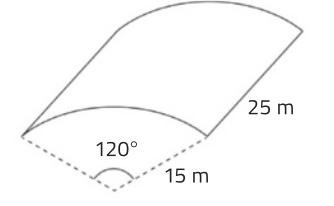 Desenho de uma superfície retangular arqueada, formando um arco com ângulo de abertura de 120 graus. A superfície tem 25 metros de comprimento e o arco possui um raio de 15 metros.