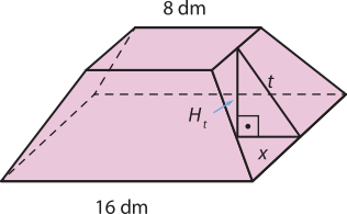Imagem de um tronco de pirâmide de base quadrada, com altura indicada por Híndice t. A base maior mede 16 decímetros de lado, e a base menor, 8 decímetros. O apótema do tronco, identificado por t, é a hipotenusa de um triângulo retângulo formado pela altura Híndice t e por uma medida horizontal identificada como x.