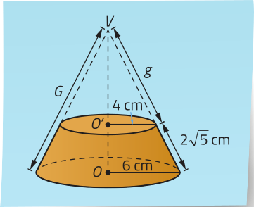 Imagem anterior. Agora, o tronco de cone está representado como parte de um cone completo. As laterais do tronco estão prolongadas até o vértice superior V, formando o cone original. A distância da base menor do tronco até o vértice está identificada como g minúsculo, e a geratriz do cone completo, como G maiúsculo.