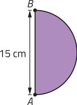 Imagem de um semicírculo na posição vertical, com o diâmetro representado pelo segmento A B, medindo 15 centímetros.
