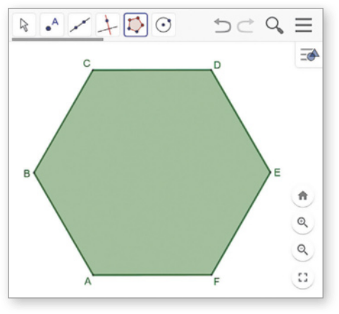 Imagem da tela de um software de gráficos. Na tela, há um hexágono regular com vértices nomeados de A a F. Na parte superior da tela, há uma barra contendo diversos botões.