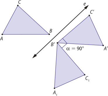 Imagem anterior. Agora, há um terceiro triângulo, A linha, B linha, C linha, que compartilha o vértice B linha com o segundo triângulo e está rotacionado a um ângulo alfa igual a 90 graus no sentido anti-horário.