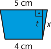 Imagem de um trapézio isósceles com altura representada por t. A base maior mede 5 centímetros, e a base menor, 4 centímetros. A aresta lateral mede x.