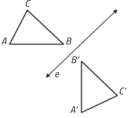 Imagem composta por dois triângulos e uma reta diagonal identificada como e. O primeiro triângulo, com vértices A, B e C, está posicionado na parte superior esquerda da imagem. O segundo triângulo, com vértices A linha, B linha e C linha, está na parte inferior direita. O triângulo A linha, B linha, C linha é simétrico ao triângulo A, B, C em relação à reta e.