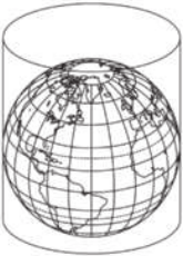 Desenho de um globo terrestre. Ao redor dele, há um cilindro, com o eixo alinhado ao eixo do globo.