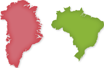 Imagem da silhueta de dois territórios, lado a lado. À esquerda, está a silhueta da Groenlândia, com formato alongado na vertical. À direita, está a silhueta do Brasil, com a altura levemente menor que à da Groenlândia.