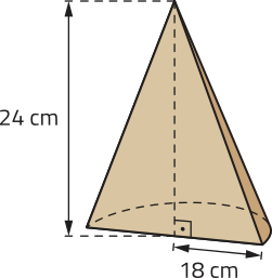 Imagem de um cone com altura de 24 centímetros, representado em corte longitudinal. O raio da base mede 18 centímetros.