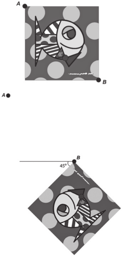 Imagem de dois quadros quadrados com fundo estampado e ilustração de um peixe, dispostos verticalmente. Acima, o quadro está posicionado com as bordas paralelas ao plano da página. Há um ponto A marcado sobre o vértice superior esquerdo e um ponto B marcado sobre o vértice inferior direito. O peixe está desenhado de perfil, voltado para a direita, e o fundo do quadro é composto por um padrão de círculos claros sobre fundo escuro. Na imagem abaixo, o mesmo quadro foi rotacionado no sentido anti-horário, mantendo o ponto B fixo. Após a rotação, quadro aparece inclinado, com os vértices formando um losango e o lado para o qual o peixe está voltado forma um ângulo de 45 graus com a horizontal.