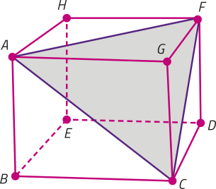 Imagem de um cubo com vértices identificadas pelas letras de A a H. A base inferior é o quadrado B C D E, e a base superior, o quadrado A G F H. As diagonais A F, na face superior, A C e F C nas faces laterais foram um triângulo equilátero.