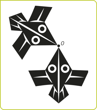 Imagem de duas figuras que lembram pássaros, descritos anteriormente. As duas figuras estão dispostas em torno de um ponto central indicado pela letra O, de modo que as laterais dos losangos centrais fiquem alinhadas.