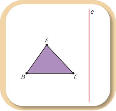 Imagem de um triângulo de vértices A, B, C. À direita do triângulo, há uma reta vertical identificada como e.