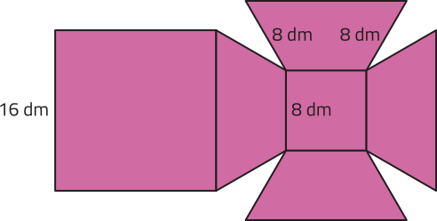 Imagem plana de uma figura composta por dois quadrados e quatro trapézios. À esquerda, há um quadrado com lados de 16 decímetros. À direita, outro quadrado menor, com lados de 8 decímetros. Um dos trapézios, também com arestas laterais medindo 8 decímetros, conecta os dois quadrados. Os quatro trapézios têm as mesmas dimensões, e, além do trapézio que liga os quadrados, os outros três estão dispostos ao redor do quadrado menor, cada um ligado a ele por sua base menor.