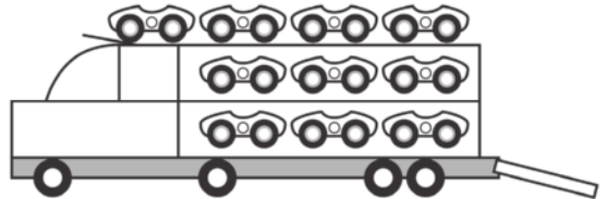 Ilustração de um caminhão transportando 10 carros. O caminhão possui 3 andares de carga: no andar superior, estão dispostos 4 carros; e nos dois andares inferiores, há 3 carros em cada um.