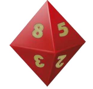 Imagem de um dado com 8 faces triangulares, no formato de um octaedro. As faces 2, 3, 5 e 8 estão visíveis.