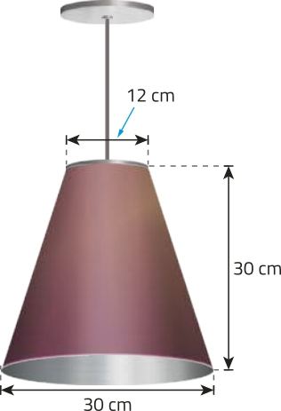 Imagem de um lustre pendente, com a parte principal, que envolve a lâmpada, em formato de tronco de cone. Essa estrutura mede 30 centímetros de altura, tem base maior com 30 centímetros de diâmetro e base menor com 12 centímetros de diâmetro.