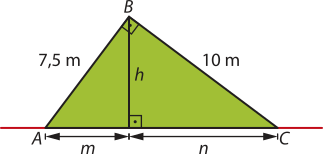 Imagem de um triângulo retângulo A B C, com a hipotenusa A C apoiada sobre uma reta horizontal. Os lados A B e B C medem, respectivamente, 7,5 metros e 10 metros. A altura, identificada por h, vai do vértice B até a base A C, dividindo-a em dois segmentos: m, do vértice A até o ponto onde a altura toca a base; e n, desse ponto até o vértice C.