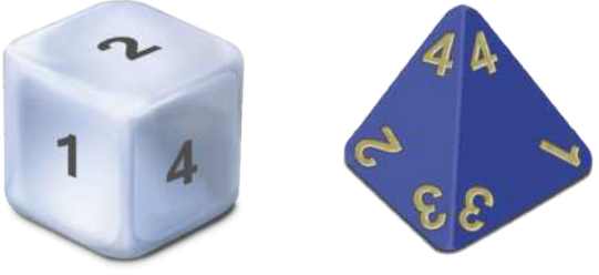 Imagem de dois dados, lado a lado. À esquerda, há um dado de 6 faces, em formato de cubo, com os números 1, 2 e 4 visíveis no centro das faces. À direita, há um dado de 4 faces, em forma de tetraedro, com os números posicionados nas pontas das faces triangulares. Estão visíveis os números 2, 3 e 4 em uma face lateral, e os números 1, 3 e 4 em outra.