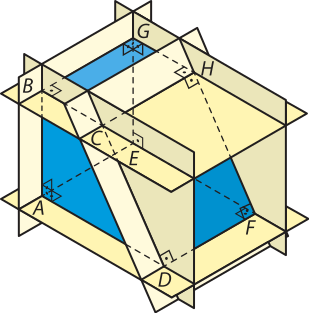Imagem anterior. Agora, sobre cada face do paralelepípedo foram desenhadas superfícies planas representadas por retângulos. Essas superfícies se estendem para além dos limites do sólido, evidenciando os cruzamentos entre os planos das faces.