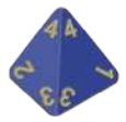 Imagem de um dado de 4 faces, em forma de tetraedro, com os números posicionados nas pontas das faces triangulares. Estão visíveis os números 2, 3 e 4 em uma face lateral, e os números 1, 3 e 4 em outra.