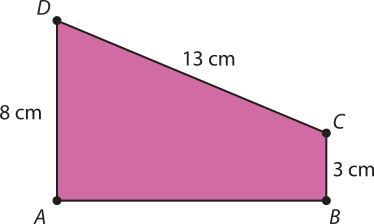Imagem de um trapézio A B C D. A base inferior A B é horizontal. Os lados A D e B C são verticais e medem, respectivamente, 8 e 3 centímetros. O lado superior D C mede 13 centímetros.