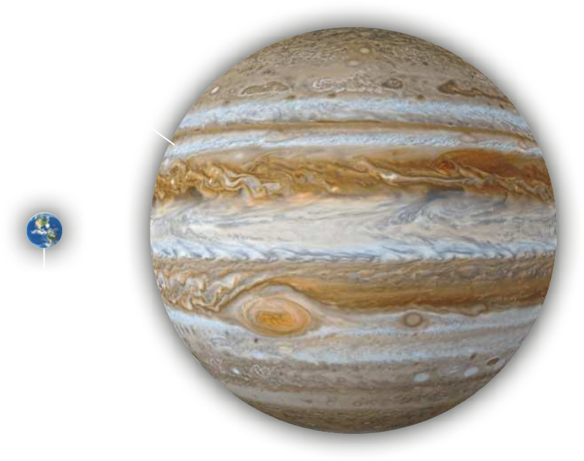 Imagem com duas esferas. À direita, uma esfera grande representa o planeta Júpiter. À esquerda, uma esfera muito menor representa o planeta Terra.
