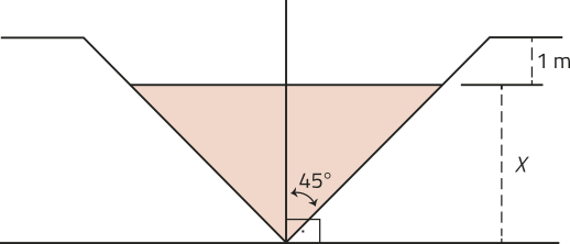 Imagem de um corte transversal. A figura mostra um triângulo isósceles com vértice voltado para baixo. As laterais do triângulo formam ângulos de 45 graus com a vertical, e sua altura é representada pela letra X. Da base do triângulo até a superfície há uma altura de 1 metro.