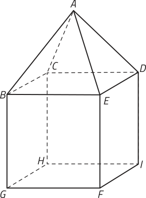 Imagem de uma pirâmide sobre um cubo, formando um sólido composto. O cubo é definido pelos vértices identificados por letras de B a I, com a base inferior formada pelo quadrado G H I F, e a base superior pelo quadrado B C D E. Arestas verticais ligam os vértices correspondentes das bases: G a B, F a E, I a D e H a C. As arestas da pirâmide ligam o ponto A aos vértices B C D e E, formando as 4 faces triangulares.