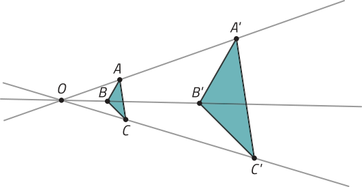 Imagem composta por 2 triângulos e um ponto O, localizado à esquerda. O triângulo menor, mais próximo do ponto O, tem vértices identificados como A, B e C. O triângulo maior, mais afastado de O, tem vértices A linha, B linha e C linha. Os triângulos estão posicionados de forma que seus vértices correspondentes estão alinhados com o ponto O por segmentos de reta.