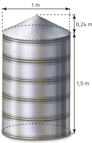 Imagem de um cone com altura de 0,24 metros e base com 1 metro de diâmetro, posicionado sobre um cilindro com altura de 1,5 metros.
