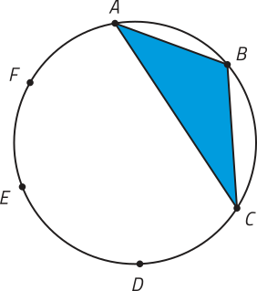 Imagem anterior. Agora, os pontos A, B e C estão interligados, formando um triângulo inscrito na circunferência.