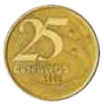 Imagem de uma moeda de 25 centavos, de formato circular. No centro, há o número 25 em destaque, acompanhado da palavra 'centavos' logo abaixo.