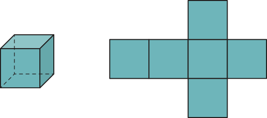 Imagem composta por duas partes. À esquerda, há um cubo. À direita, uma figura plana composta por 6 quadrados: 4 quadrados unidos horizontalmente e, no terceiro quadrado, há dois outros quadrados unidos, um acima e outro abaixo.