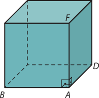 Imagem de um cubo. Há quatro vértices identificados: B, A e D na base inferior, e F na base superior, logo acima do vértice A.
