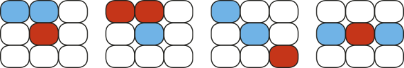 Imagem composta por 4 diagramas, dispostos lado a lado na horizontal. Cada diagrama é formado por 9 círculos organizados em uma grade de 3 linhas por 3 colunas. Alguns desses círculos estão preenchidos com as cores vermelho ou azul. Numerando os círculos da esquerda para a direita e de cima para baixo, temos: diagrama 1: círculos 1 e 2 azuis, círculo 5 vermelho; diagrama 2: círculos 1 e 2 vermelhos, círculo 5 azul; diagrama 3: círculos 1 e 5 azuis, círculo 9 vermelho; diagrama 4: círculos 4 e 6 azuis, círculo 5 vermelho.
