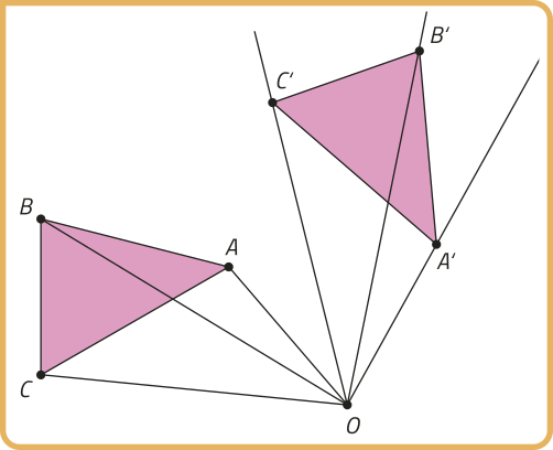 Imagem anterior. Agora, a partir do ponto O, foram traçados segmentos de reta até os pontos B e C, assim como até os pontos B linha e C linha. Um novo triângulo é formado ao se ligarem os pontos A linha, B linha e C linha. Esse triângulo tem a mesma forma do triângulo original A B C, porém está rotacionado em torno do ponto O.