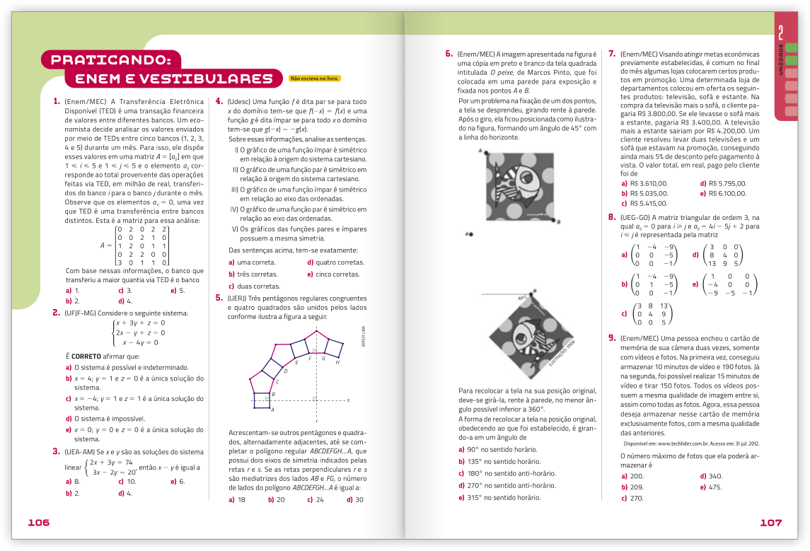 Reprodução de páginas do livro contendo a seção praticando Enem e vestibulares.