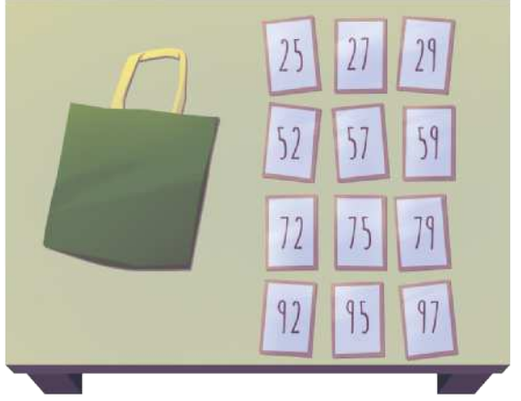 Imagem vista de cima, mostrando uma mesa com uma sacola à esquerda e doze cartões dispostos à direita. Cada cartão exibe um número: 25, 27, 29, 52, 57, 59, 72, 75, 79, 92, 95 e 97.
